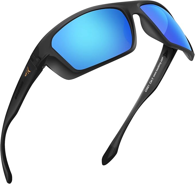 EYESafety Black Frame Blue Mirrored Polarized Sports Sunglasses Driving Sunglasses