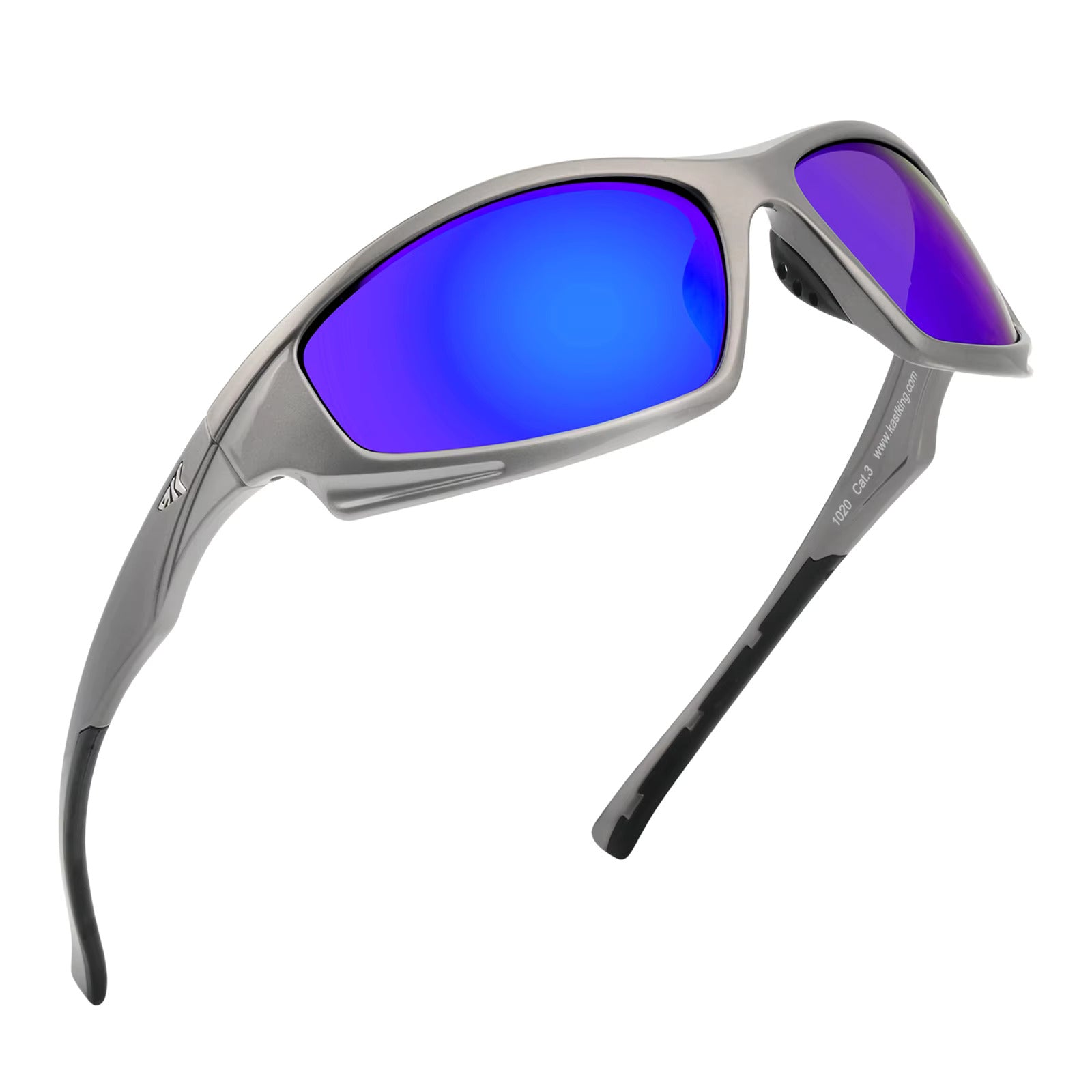 Silver Frame Blue Mirrored Wraparound Cat 3 Polarized Sports Sunglasses