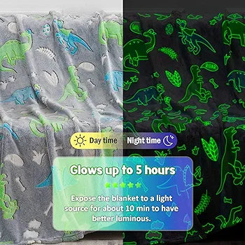 Dinosaur Glow in The Dark Blanket for Kids Flannel Throw